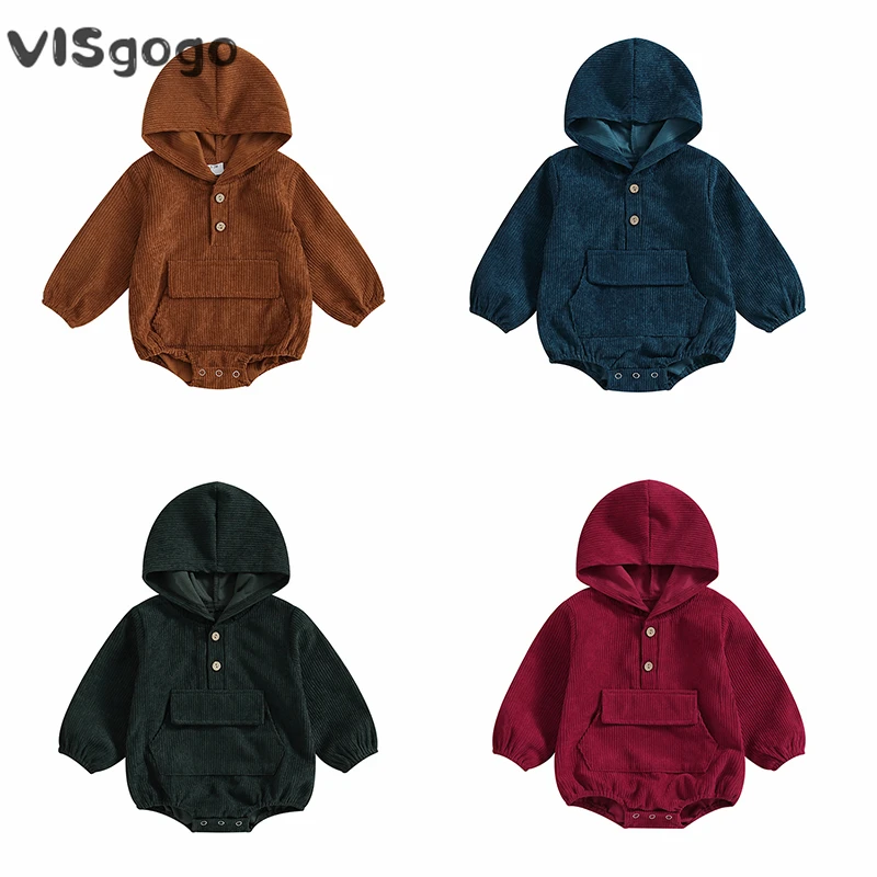 

VISgogo 0-18M Baby Boys Girls Corduroy Rompers Solid Color Hooded Long Sleeve Buttons Jumpsuits Infant Fall Clothes Bodysuits