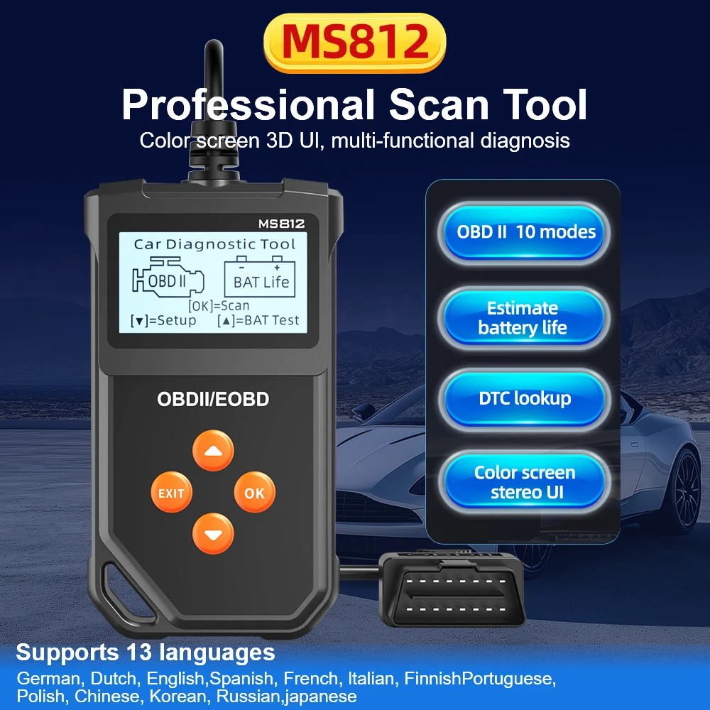 Car OBD2 Code Reader Car Diagnostic Tools Battery Tester Fault Code Clear Check Engine System Multi-language MS812