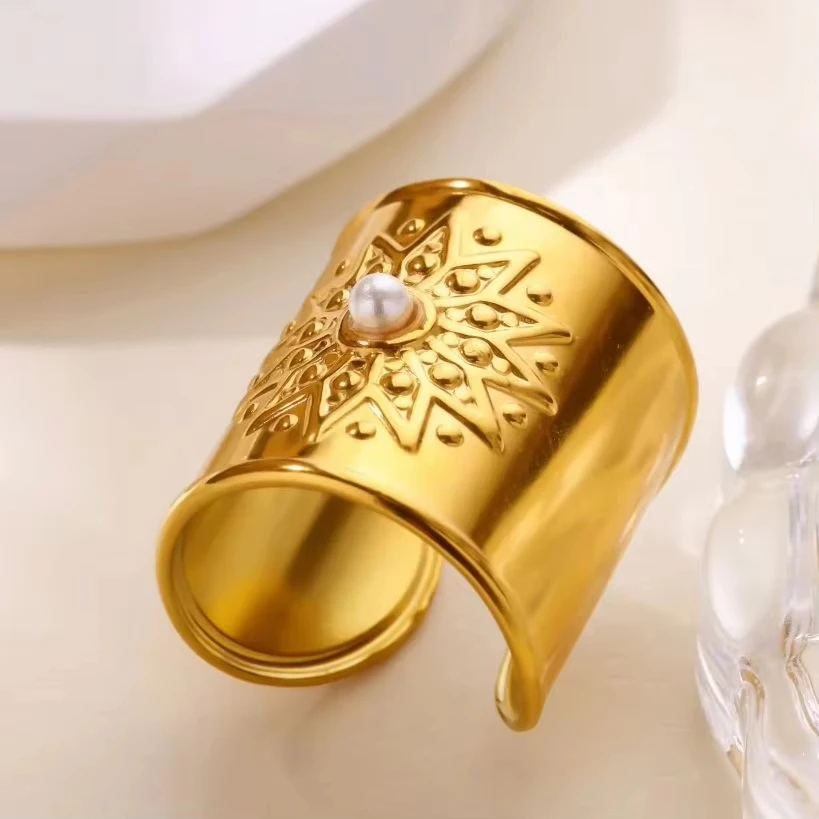 Edelstahl Große Blumen Breite Ringe für Frauen Goldfarben Imitationsperle Flora Ring Paar Hochzeitsschmuck Geschenk