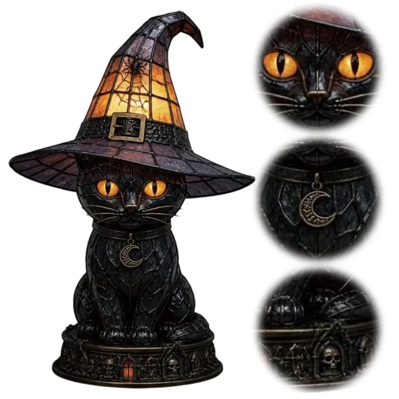 Halloween Black Cat Witch Hat Stained Glass Lamp Handmade Cat Table Light Retro Resin Base Night Lamp for Indoor Party