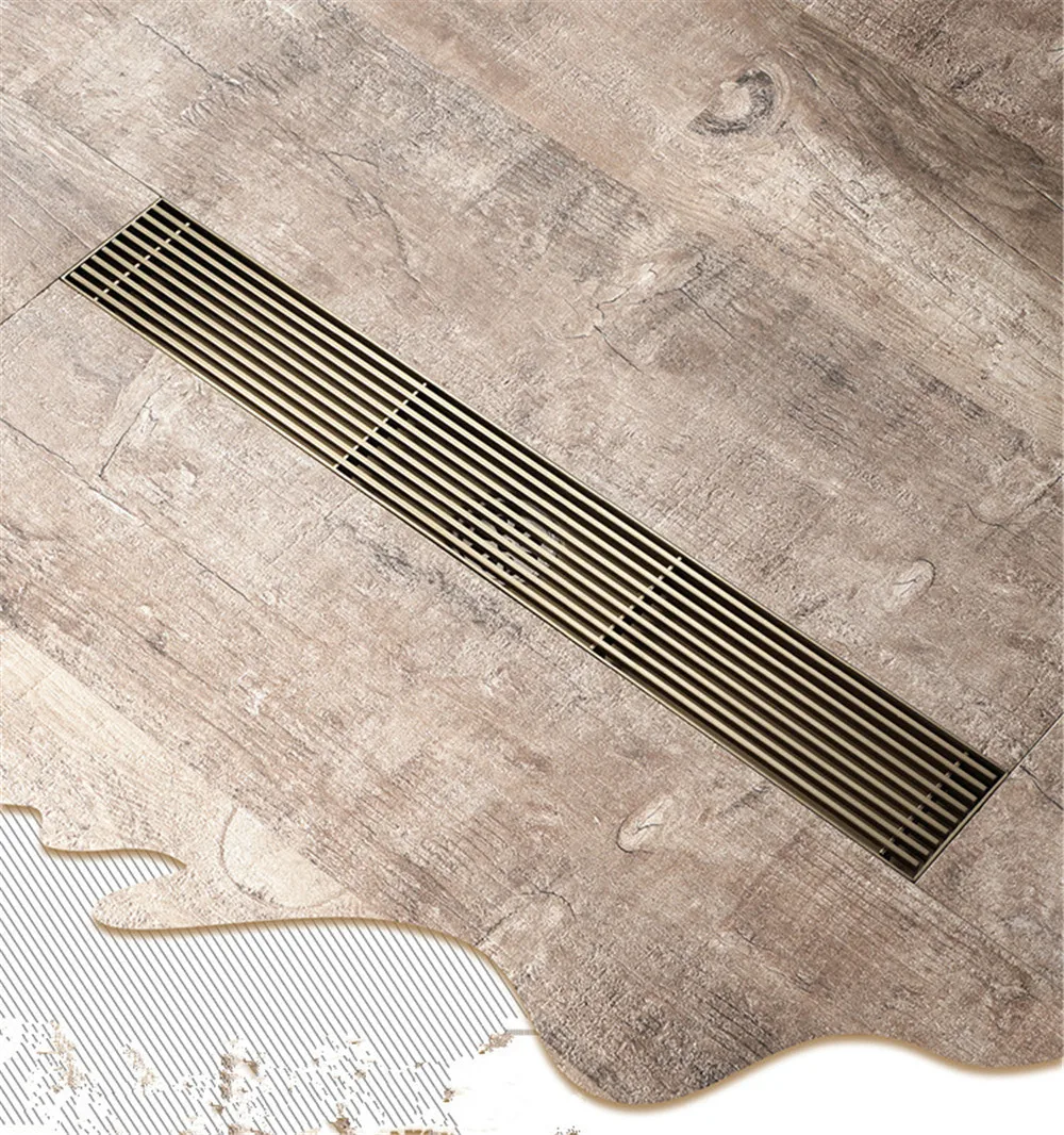 Antique Floor Drain 60cm Rose Gold SUS304 Shower Floor Drain Grey Bathroom Deodorant Brush GoldWater LeakageFloor Drain Strainer