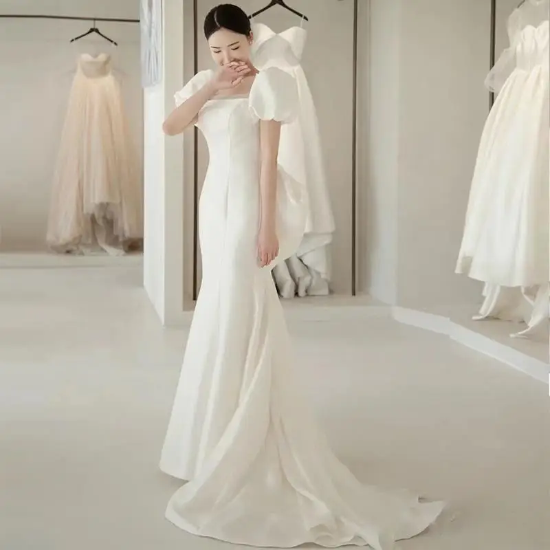 French Style Wedding Dresses Women Big Bow Square Collar Puff Sleeves Backless Mermaid Dress Simple Elegant Slim Evening Gown