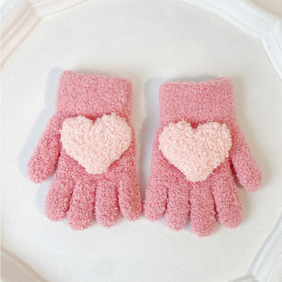 

2024 New Boys Girls Cute Knitting Cherry Heart Animals Soft Five Finger Gloves Children Outdoor Warm Gloves Kids Colors Gloves