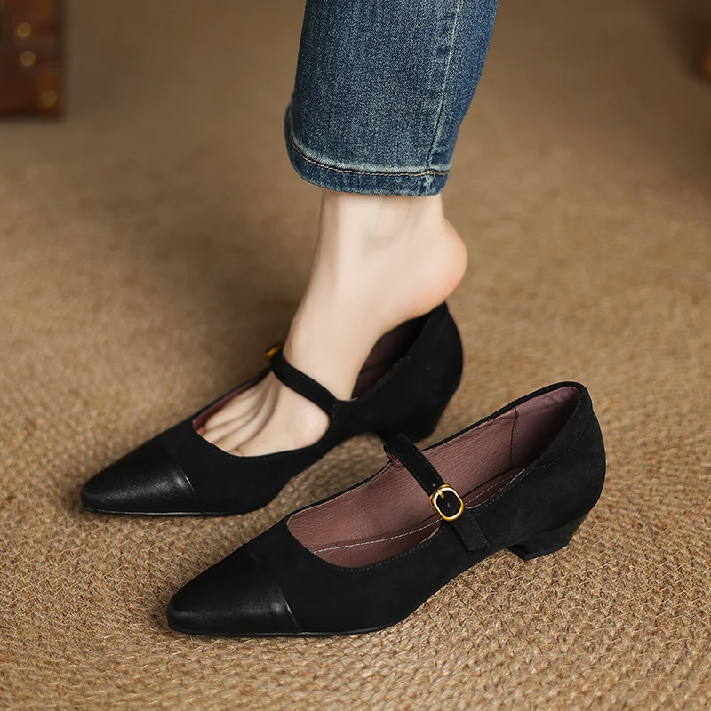 

Новинка 2024 года, весенняя женская обувь из натуральной кожи, женские туфли-лодочки с острым носком, женская обувь, модный дизайн, женская обувь Мэри Джейн, детская замша