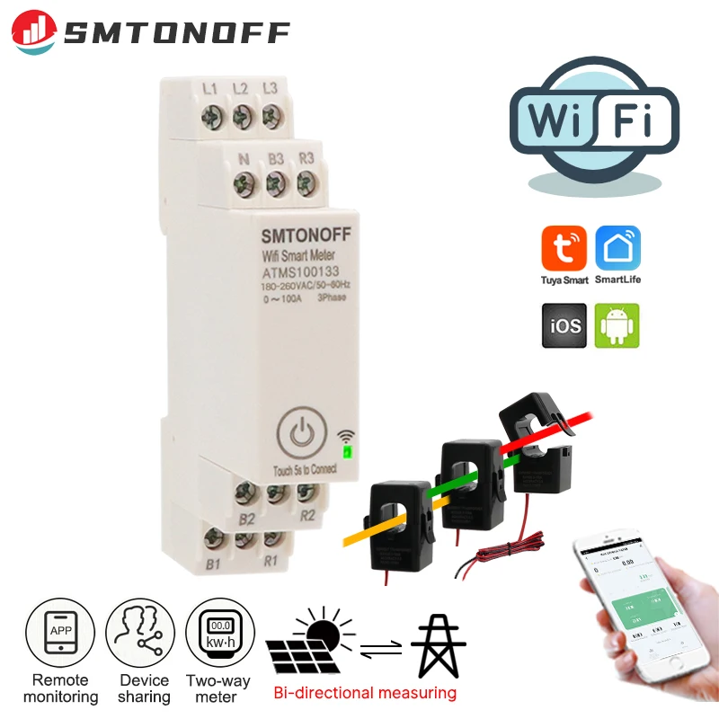 WIFI Tuya 100A Three phase Smart Energy Power Monitor  with external Current  transformer CT  380V /415V  50Hz  60Hz