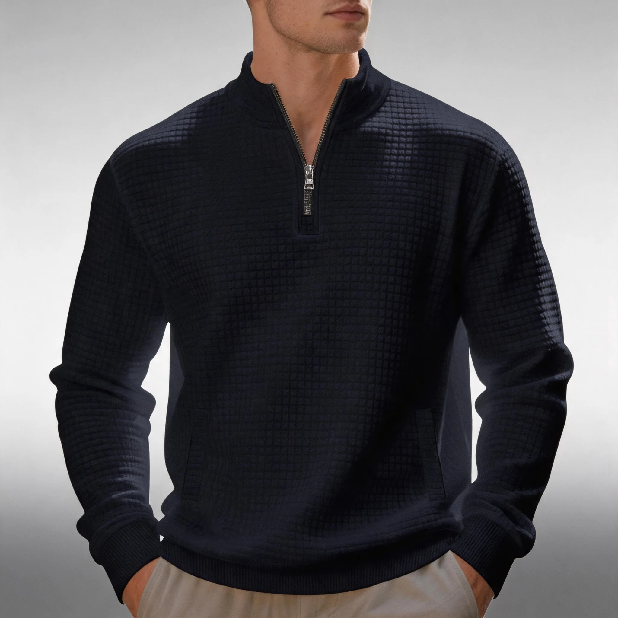 

Men's Navy Blue Waffle Grid Texture Quarter Zip Stand Collar Long Sleeve Pullover Sweatshirt