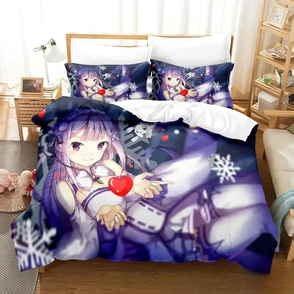 

3D Print Anime Re Zero Rem Ram Emilia Bedding Set Duvetcover Bed Set Quilt Cover Pillowcase Comforter king Queen Size Boys Adult