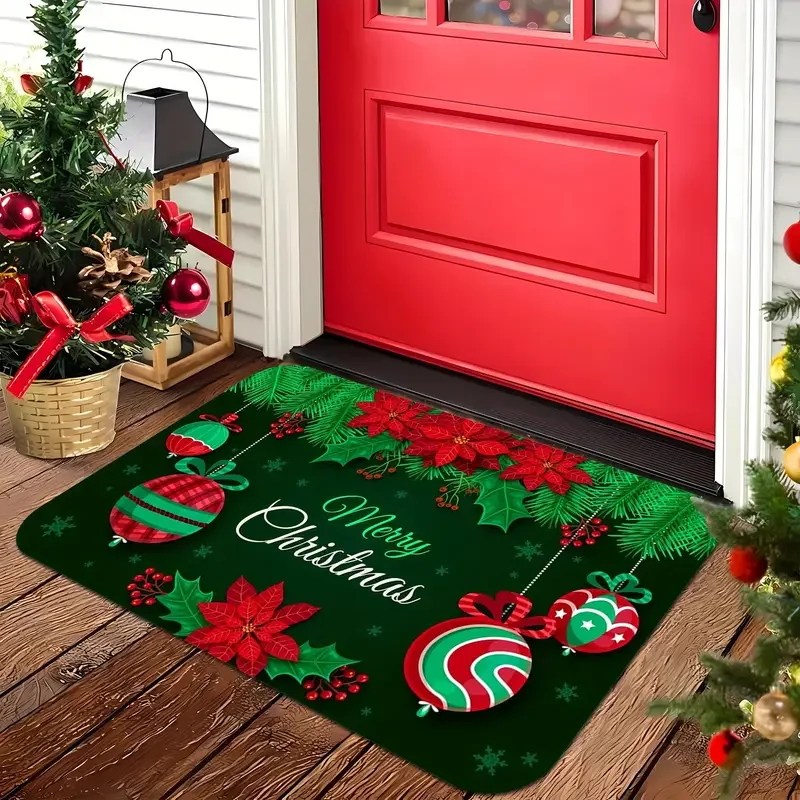سجادة ترحيب غير قابلة للانزلاق بطابع عيد الميلاد من VIKAMA - أنماط احتفالية (الحلوى والأشجار والكرات والأجراس) لديكور سجادة باب المدخل