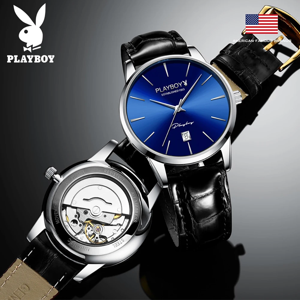 PLAYBOY Original Classic Automatic Mechanical Watch for Men Waterproof Auto Date Wrist Watch Men Fashion Luxury Man Watch