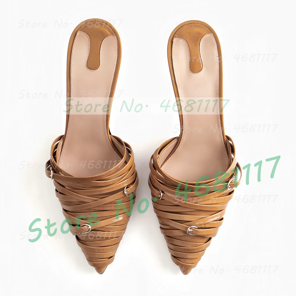 Khaki Multi Buckle Strap Pointed Toe Mules Women Summer Concise Outdoor Patent Leather Slides Female Large Size Custom Shoes