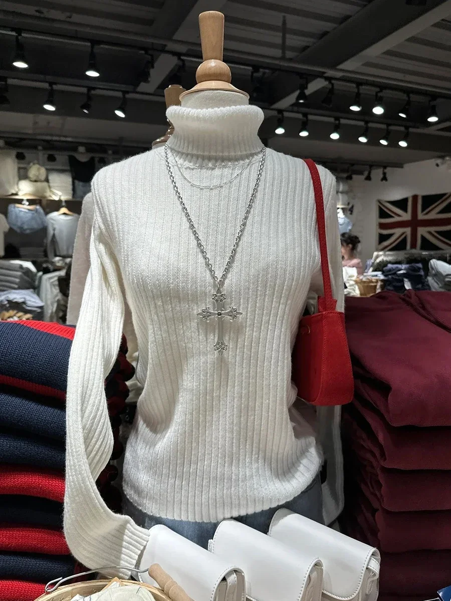 Solid Knitted Basic Sweater Woman Autumn Turtleneck Cotton Long Sleeve Jumpers Casual Slim Pull Sweaters Sweet Y2k Tops
