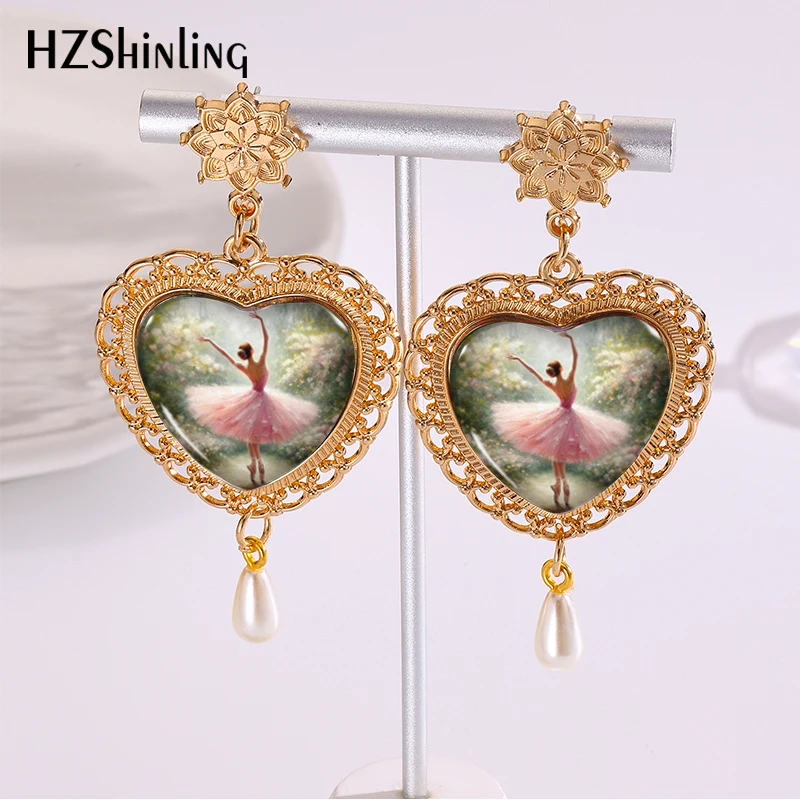 2024 New Ballerina Heart Earring Ballet Shoes Retro Earrings Golden Mandala Charm Glass Dome Photo Jewelry