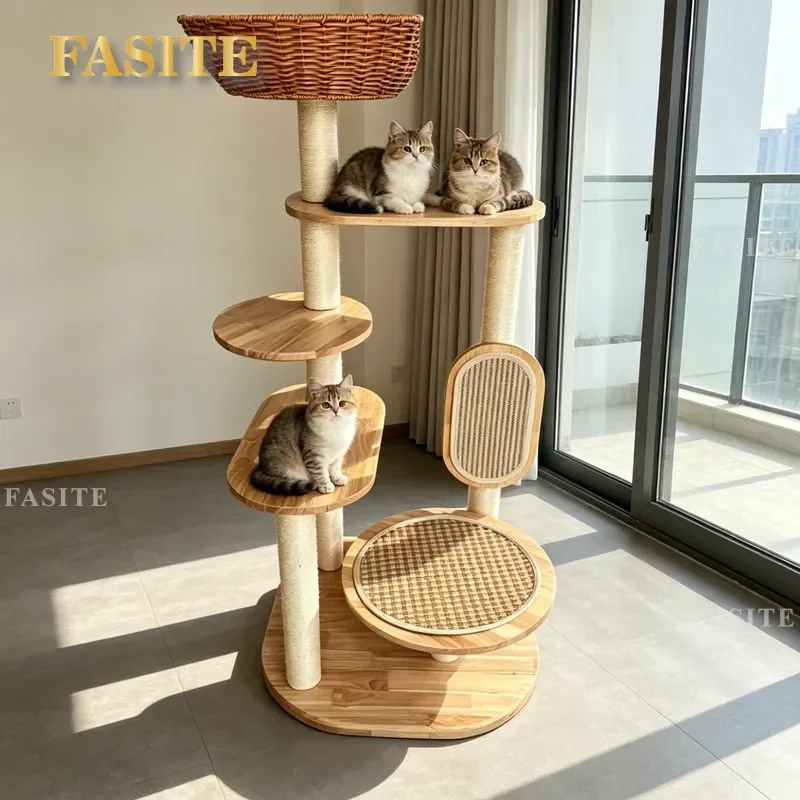 Solid Wood Floor to Ceiling Cat Tree Multi Layer Spiral Climbing Frame with Scratching Posts Interactive Play Tower for