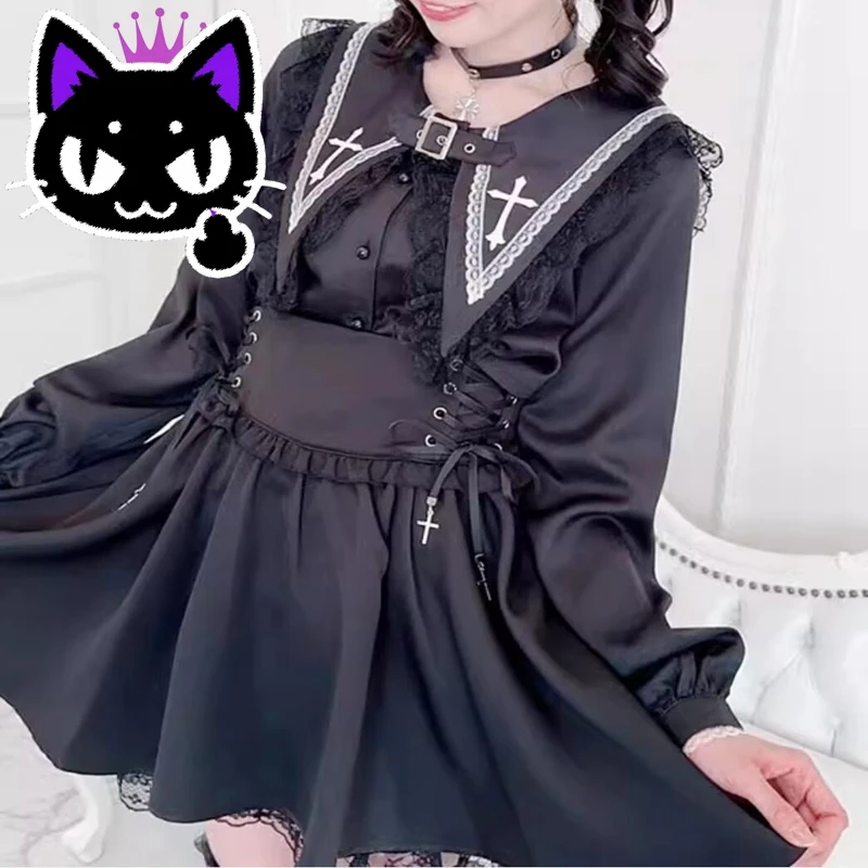 2025 hot sale Gothic Lolita Blouse Fairy Grunge Black White Lace Ruffles Cross Embroidery Long Sleeve Shirt Harajuku Y2K Japanes