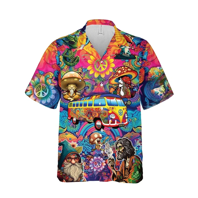 Men Hawaiian Shirt, Hippie Retro Van Mushroom Peace Sign Print Short Sleeve Lapel Button Down Casual Aloha Shirt