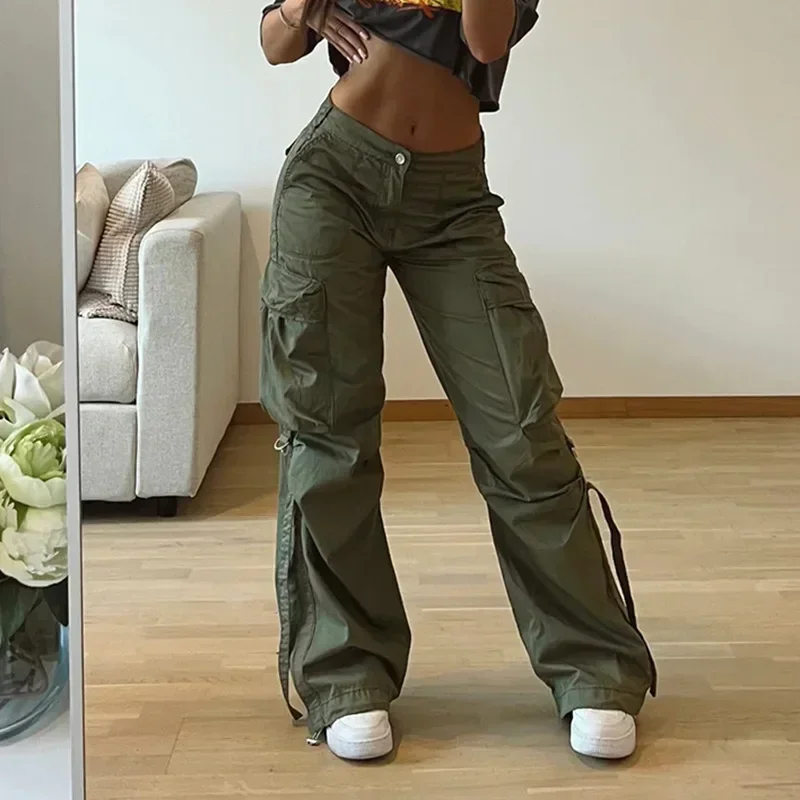 Women's Loose Cargo Pants Y2K Harajuku Solid Color Casual Pockets Straps Straight Trousers Korean Fashion Streetwear