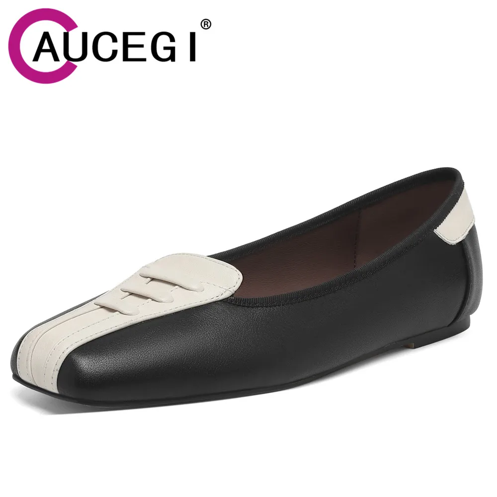 Aucegi تصميم جديد للنساء مريح مسطح القاع موضة ساحة تو مختلط اللون جلد طبيعي عدم الانزلاق فستان العمل أحذية الحياة اليومية