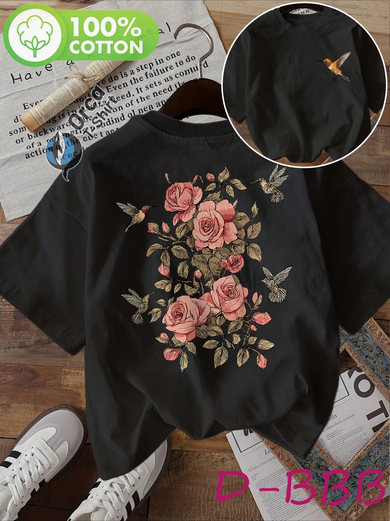 Double-sided Printed Vintage Floral Style Rose and Hummingbird Print Short-sleeved Round-neck T-shirt