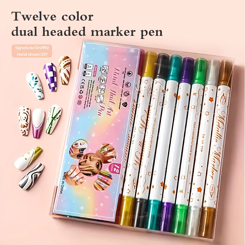 

12 pieces of dual-tip nail art markers, nail marking pens, doodle pens, suitable for abstract lines, floral patterns, vibrant co