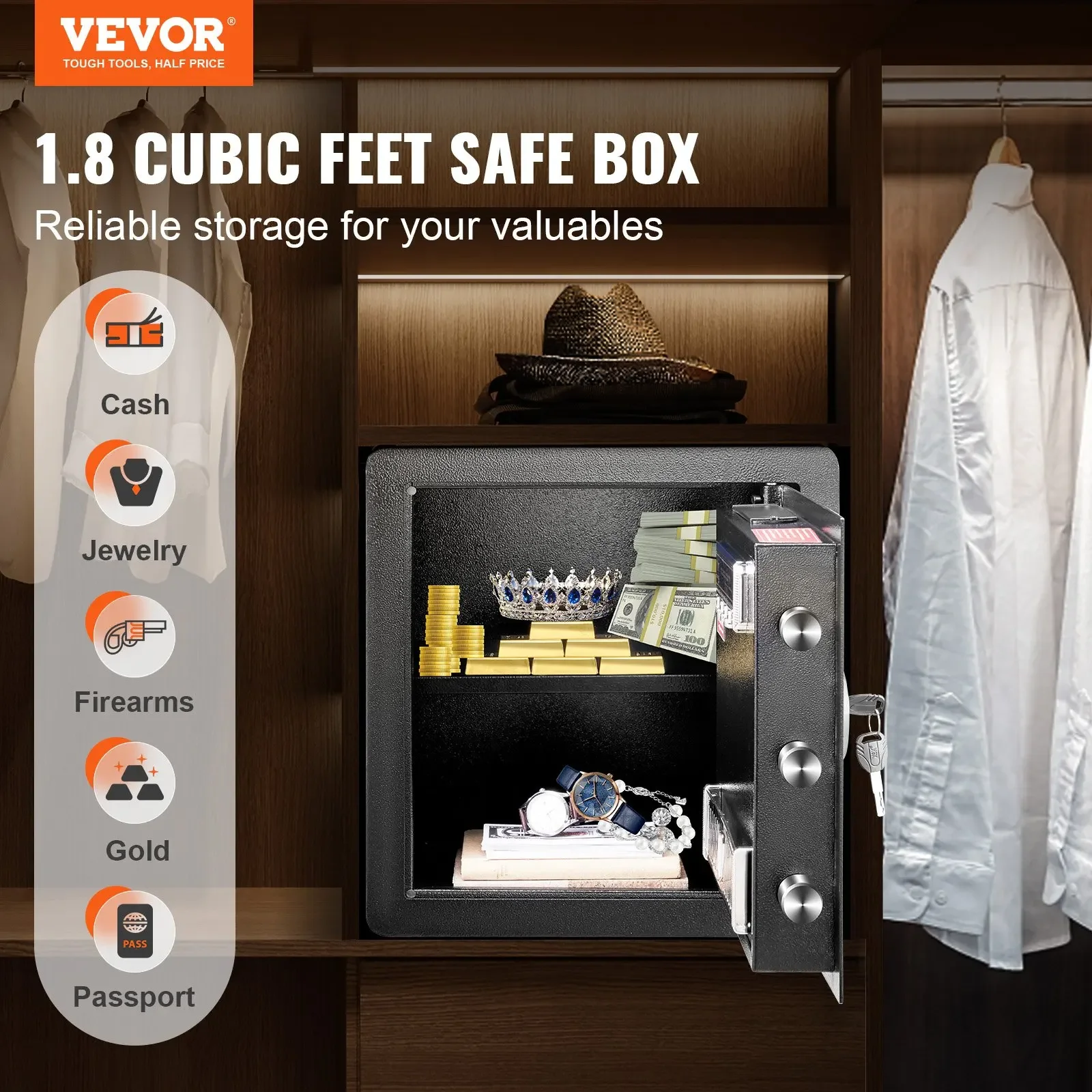 VEVOR Safe 1.8 Cubic Feet Home Safe Steel for Cash Gold 15.75x13x16.9 inch for Storing Cash, Jewelry, Pistols, Documents