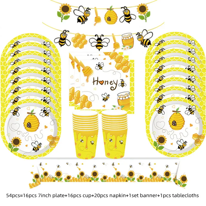 Honigbiene Kindergeburtstag Partydekorationen Einweggeschirr Set Tischdecke Pappteller Tasse Ballon Babyparty DIY Supplis – Detail 8