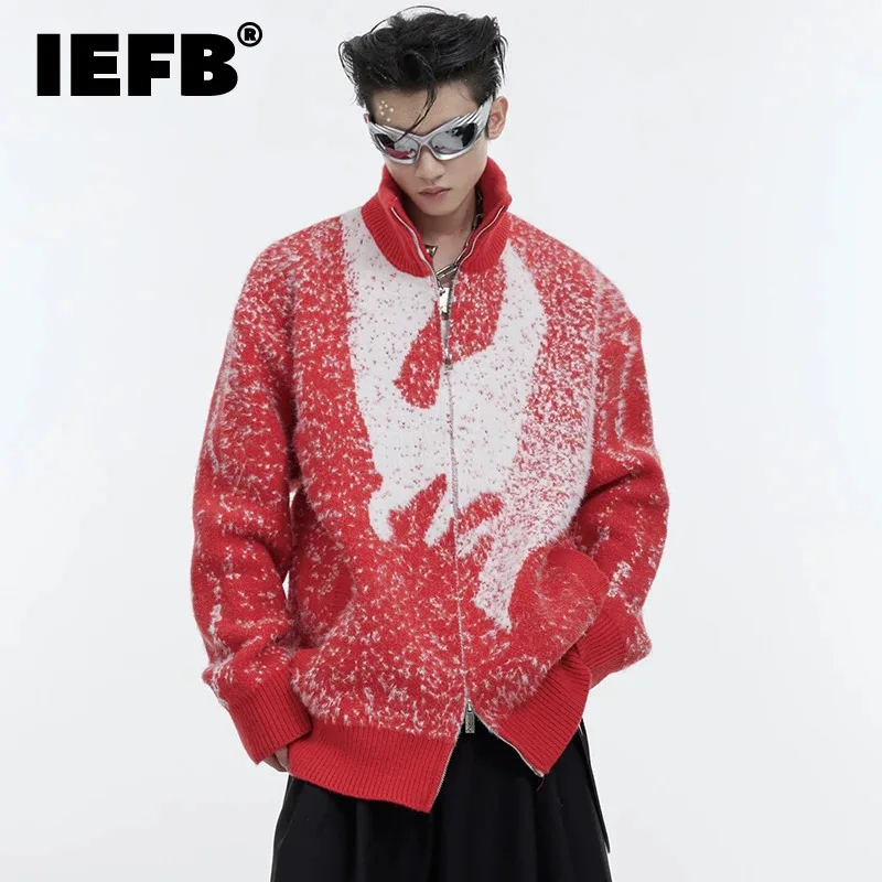 IEFB Men's Sweater Casual Stand Collar Plush Contrast Color Zipper Male Knitting Cardigan Chic Winter Jackets New Trendy 9C4432