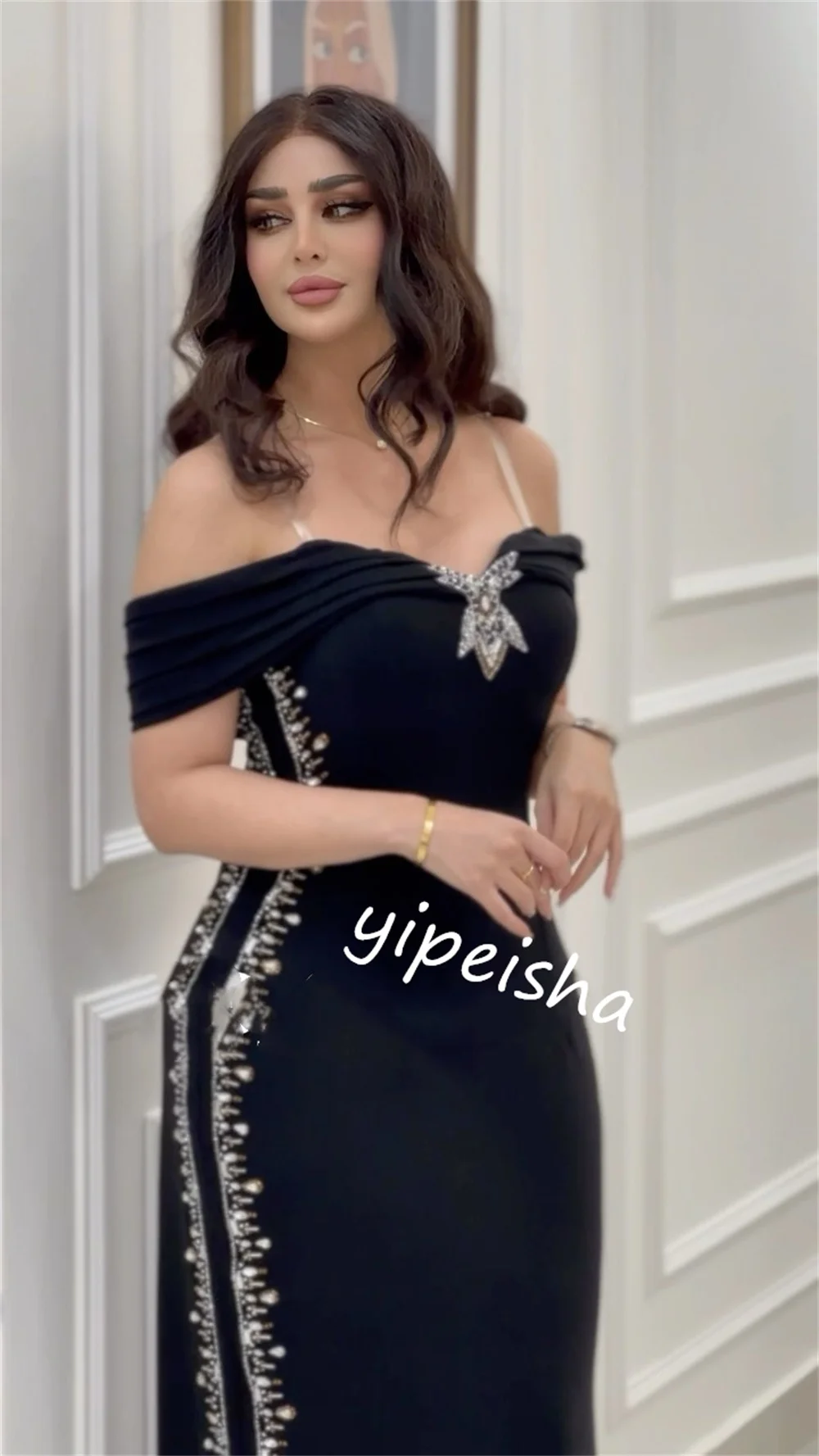  Evening Saudi Arabia Jersey Rhinestone Beach Sheath Spaghetti Strap Bespoke Occasion Gown Midi Dresses