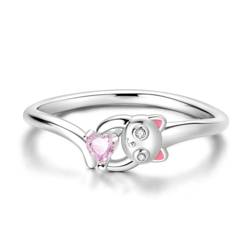 Original 925 Sterling Silver Sparkling Cat and Heart Ring For Women Girls Jewelry Birthday Anniversary Gifts