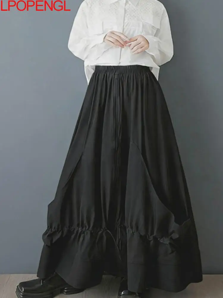 2026 New Solid Color Spring And Summer Feminine Temperament Zipper Fashion Loose Irregular Drawstring Elegantankle-length Skirt