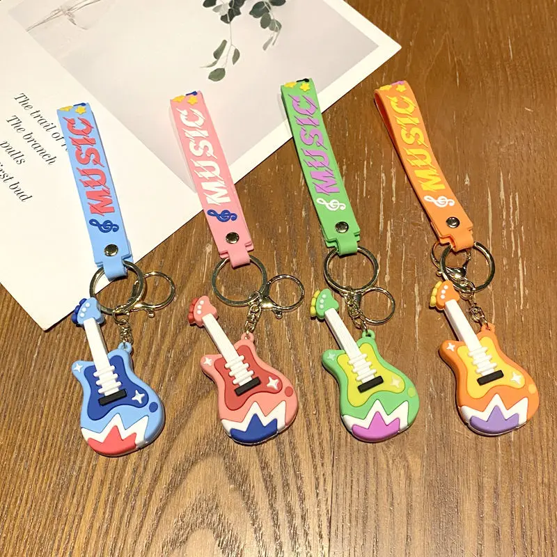 Cute Guitar PVC Keychain Bag Charms for Women Creative Rock Music Silicone Keyring Pendant Jewelry Accessories Gifts