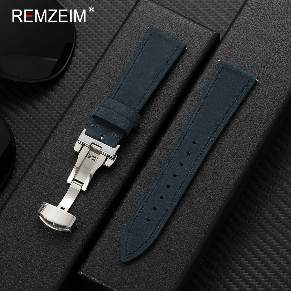 Herren-Uhrenarmband aus Crazy Horse-Leder mit Butterfly-Schnalle, Schnellverschluss-Federsteg, 18 mm, 20 mm, 22 mm, Retro, bequemes Armband