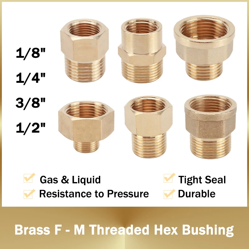 

Brass 1/8" 1/4" 3/8" 1/2" Female to Male Threaded Hex Bushing Reducer Copper Pipe Fitting Water Gas Adapter Coupler Connector