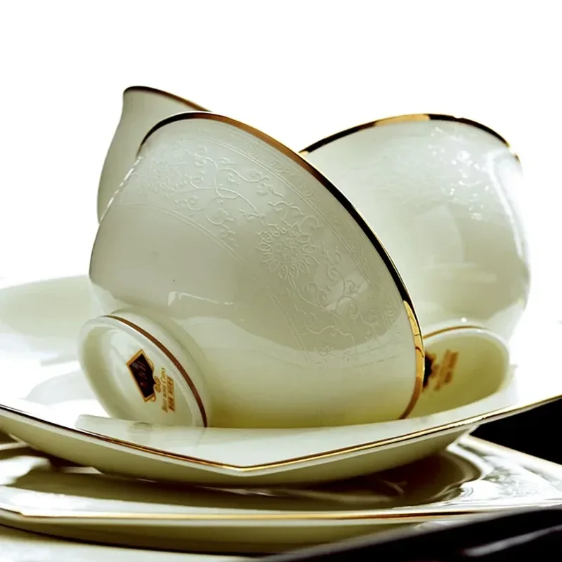 Ceramic Tableware Set Simple Pure White Bone China Dishes Household Square Plate High Sense Housewarming Gift
