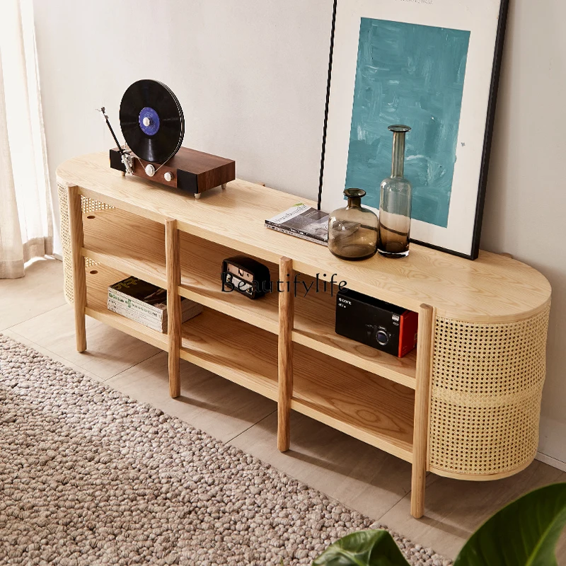 Nordic Rattan Solid Wood TV Cabinet Post-Modern Home Living Room Small Apartment B & B Floor Cabinet