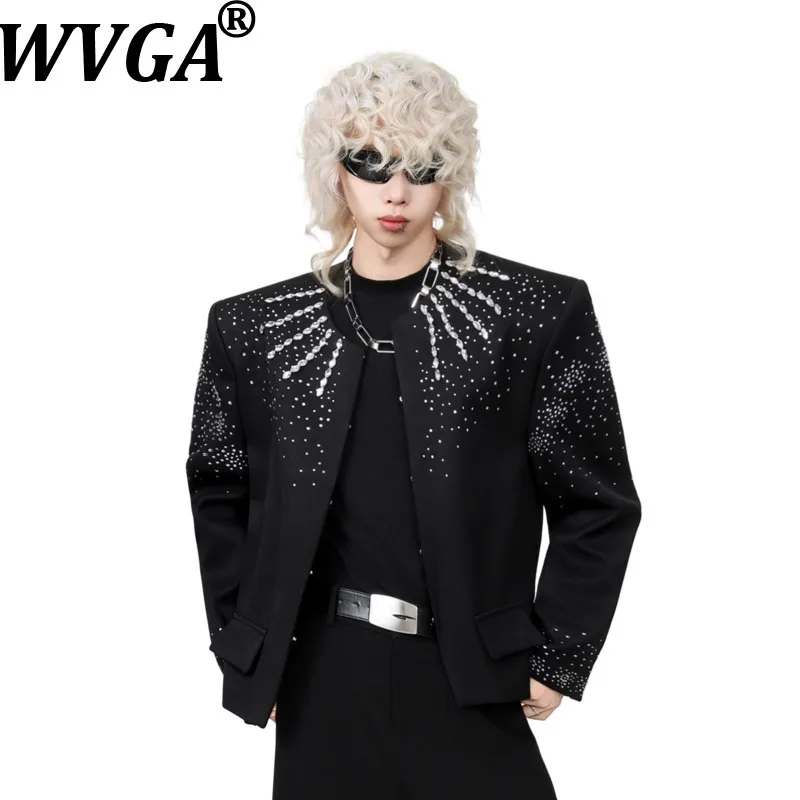 WVGA Spring Autumn New Men's Heavy-duty Diamond-studded O-Neck Jacket Niche Chic Casual Stage Performance Short Coats Ins W28748
