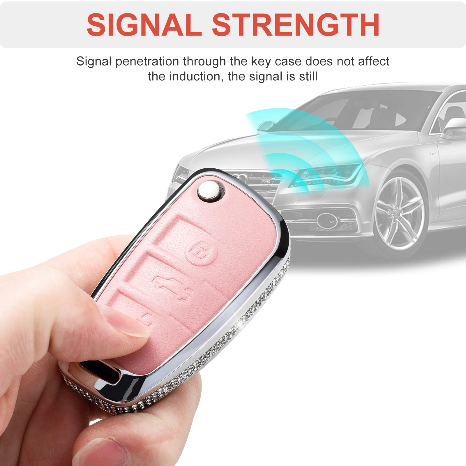 Compatible with Audi Key Fob Cover, Pink Genuine Leather Crystal Key Case Protection Shell for A1 A3 Q3 Q7 R8 A6L TT Smart Key