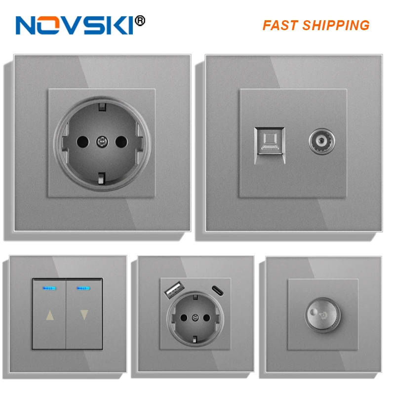 16A Wall Power Socket Europe Russia Spain Germany White Black Grey Crystal Glass Panel Home Improvement 224*82mm