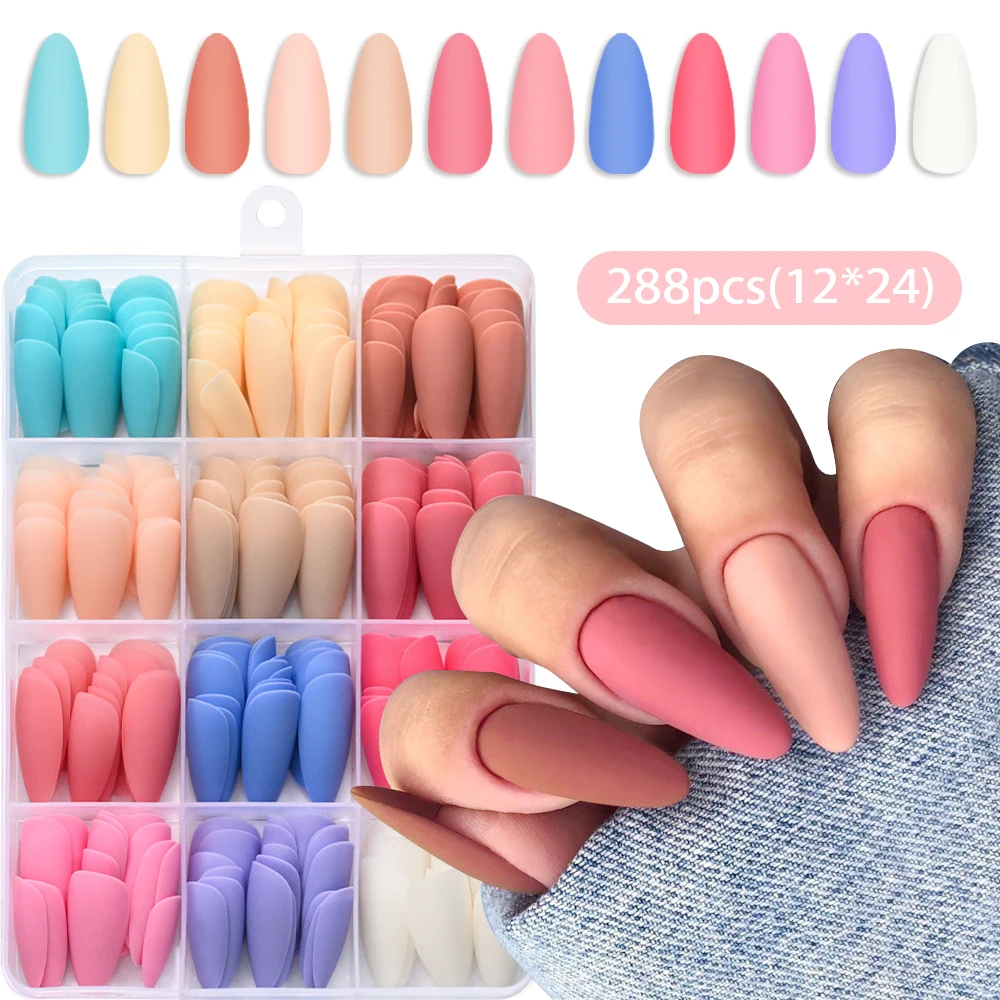 

288Pcs Frosted Dopamine Colorful Press On False Nails Tip Long Almond Matte Texture Wearable Nail Mixed Colored Fake Nails Patch