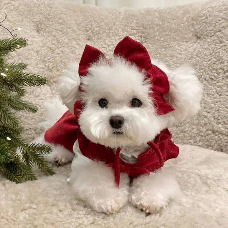 Red Female Pet Dog Clothes Winter Dress Teddy Warm Pullover Pomeranian Solid Colour Puppy Skirt  Small Dog Pet Princess Dresses