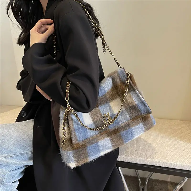 Fashion Woolen Plaid Large Capacity Chain Tote Bag Korean Vintage Y2k Trendy Women Shoulder Bag Designer Bag