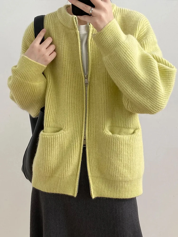 Solid Color Simple O-neck Double Zipper Cardigan Women Autumn Winter Long Sleeve Pockets Warm Knitted Coats Casual Loose Sweater