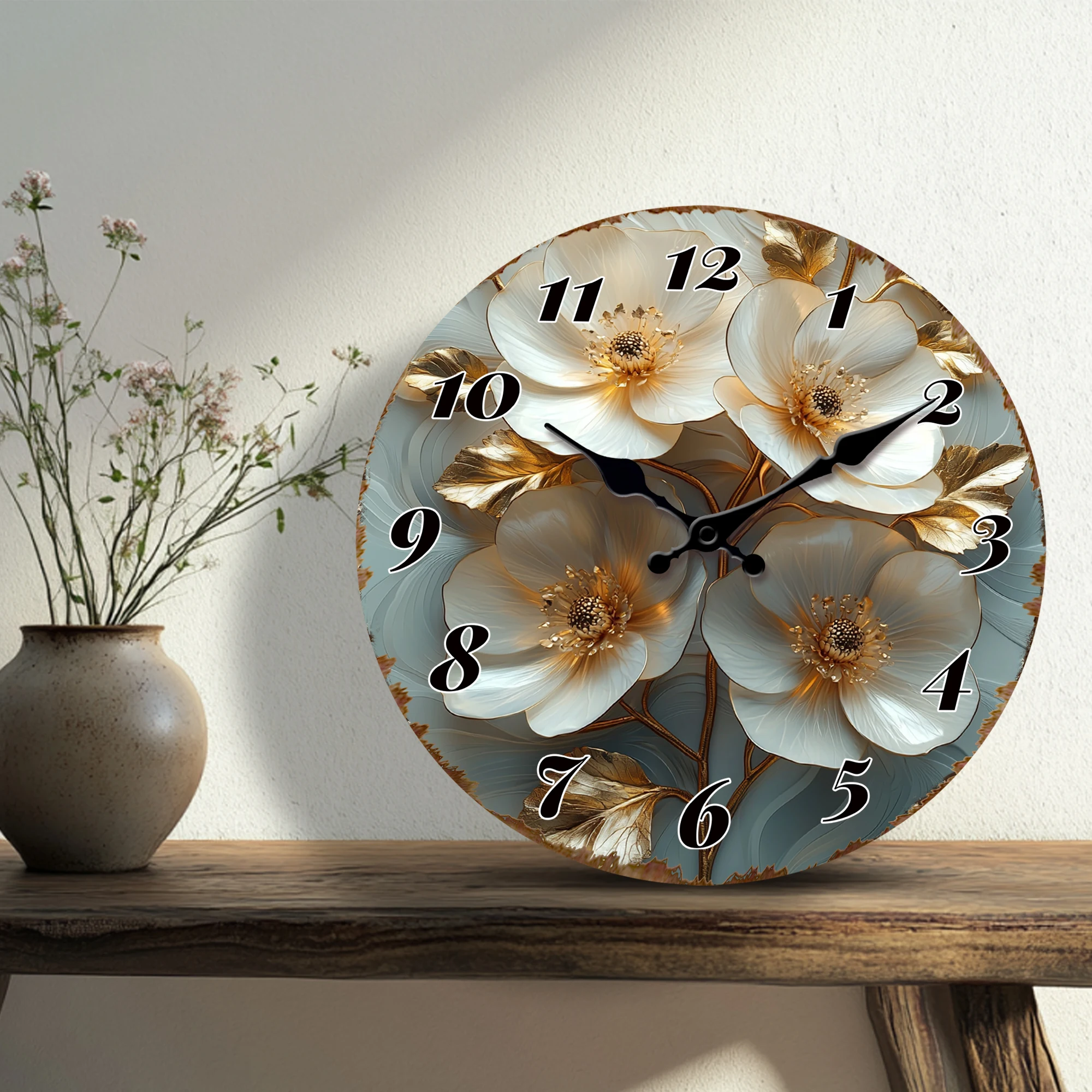 White Flowers with Gold Leaves Wall Clock, Delicate Floral Art Decorative Clock, Sophisticated Bloom Design Wall Watch for Elega