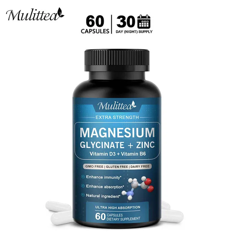 Mulittea 500mg Glycine Magnesium with Zinc,Vitamin D3 B6 Health for Bones and Teeth Health Helps Natural Sleep