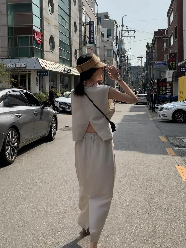 

Elegant Minimalist Japanese Style Loose Fit Small Stature Cold Tone Retro Fashion Set Skirt Summer Polyester Fiber Commute
