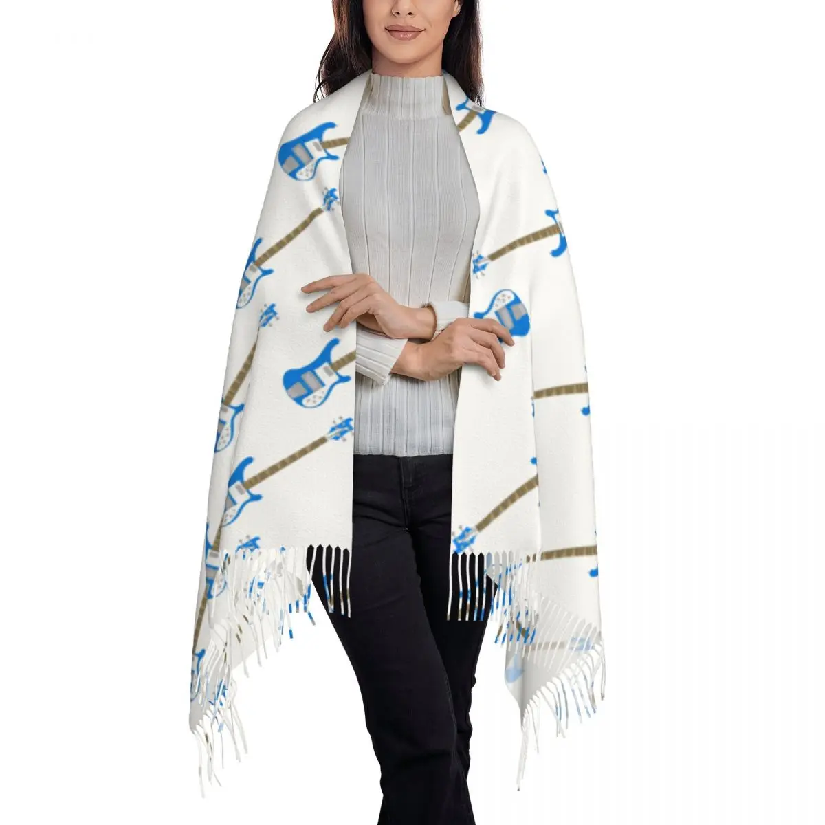 Cobalt Blue Left-Handed Rickenbacker 4001C FLCL Bass Guitar Scarf Tassel Scarves for Women Shawls Wraps Fall Winter Shawl Wrap