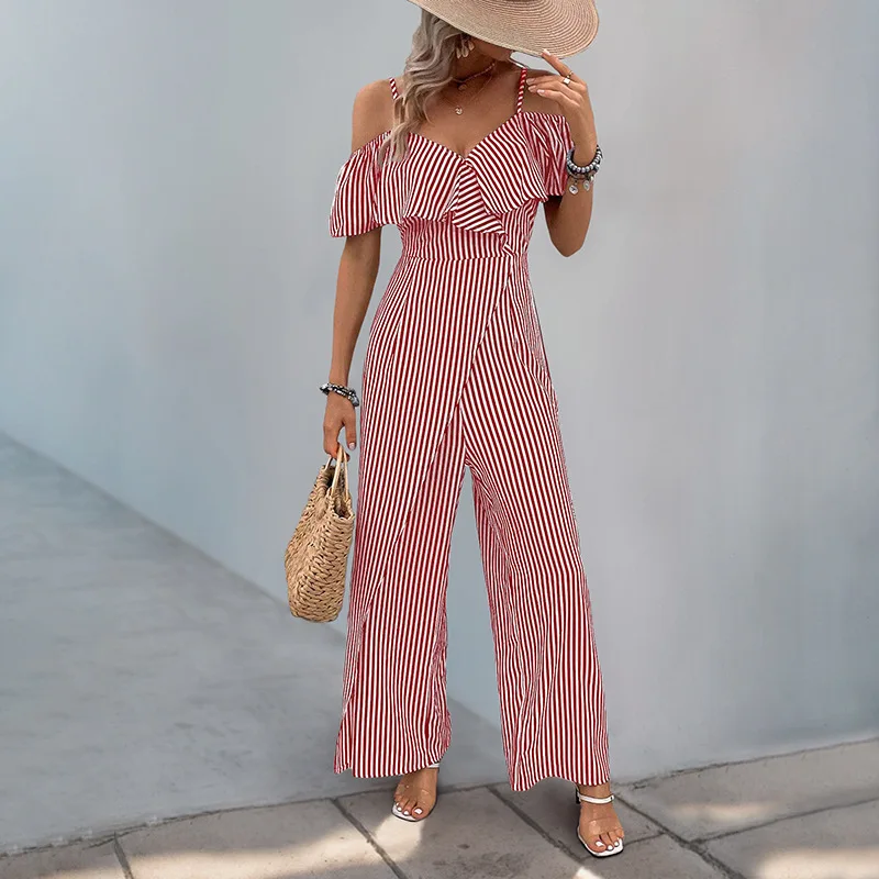 Tuta con bretelle sexy a righe con volant alla moda Pagliaccetti da donna Tute casual eleganti da donna slim a gamba larga