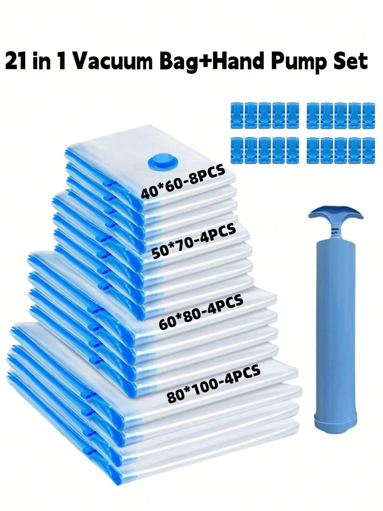 21 In 1 Vacuum Storage Bags Set For Clothes Travel -Vacuum Bag Multi Size Combination+Hand Pump Set With Large Capacity Storage,Travel Pump Vacuum Sealer Bag With Double-Zip Seal And Triple Seal Turbo-Valve For Max Space Save