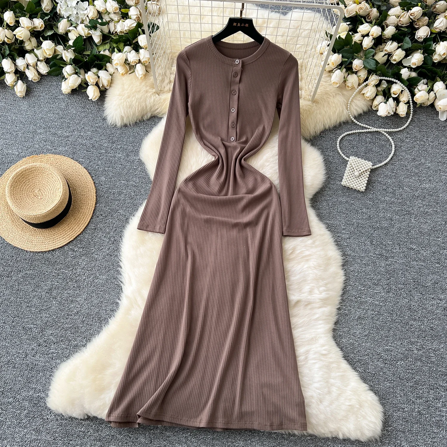 Chic Button O-neck Elegant Long Sleeve Slim Split Basics Single Breasted Women Vintage Korean Office Lady Autumn Winter Dress