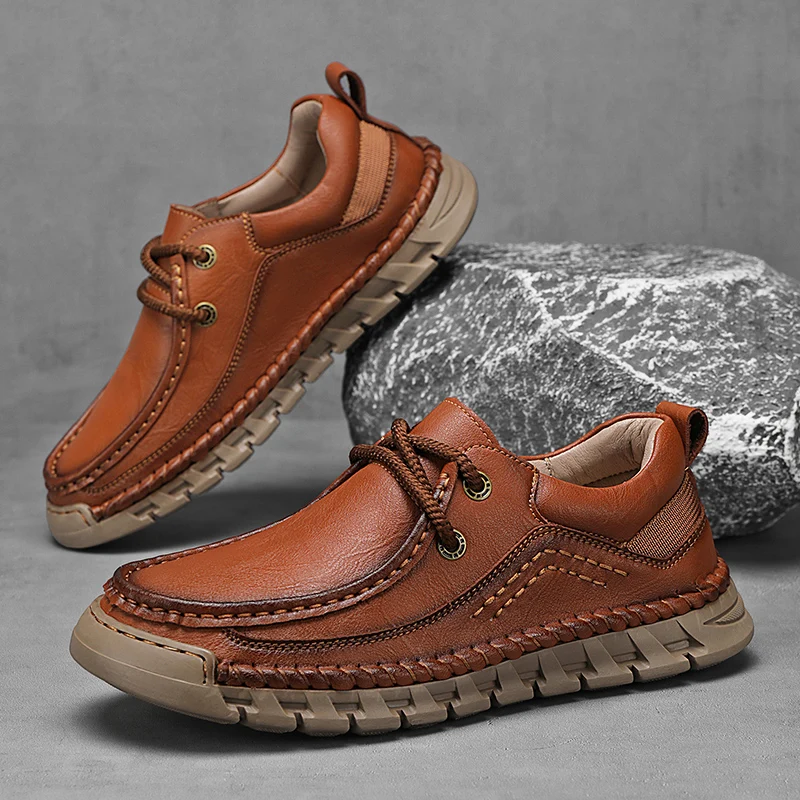 

Autumn Men's Leather Shoes - Handmade Stitched, Extra Large Size, Flat-Soled Driving Shoes, Low-Top Lace-Up Outdoor Casual Shoes