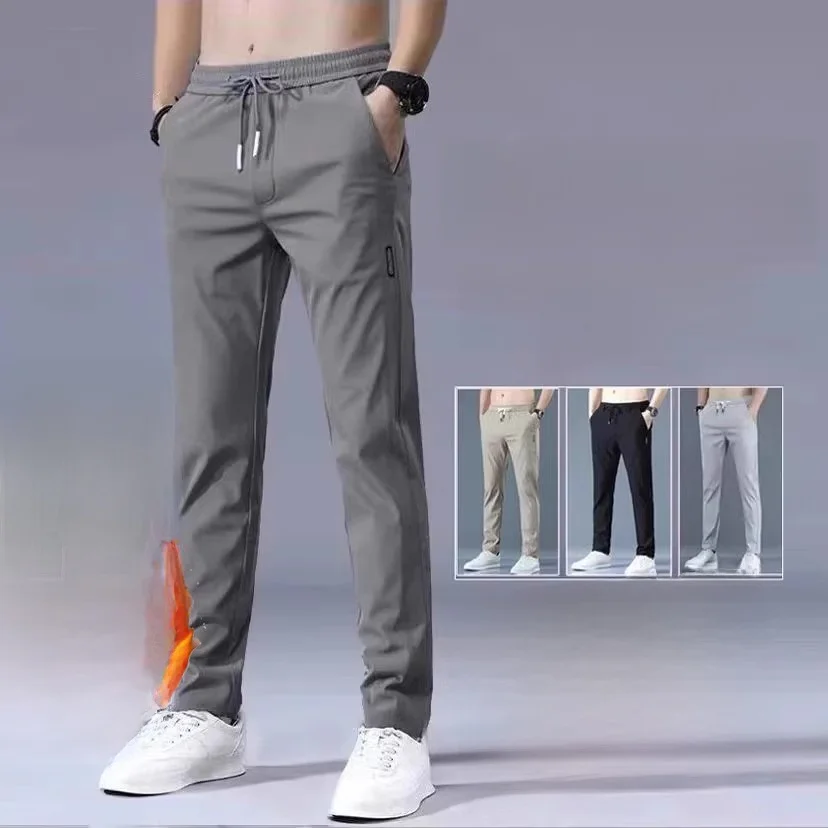 

Men's Fce Lined Straight Leg Casual Pants Warm Elastic Workwear Long Trousers Large Size Sports Pants Autumn Winter Thiened